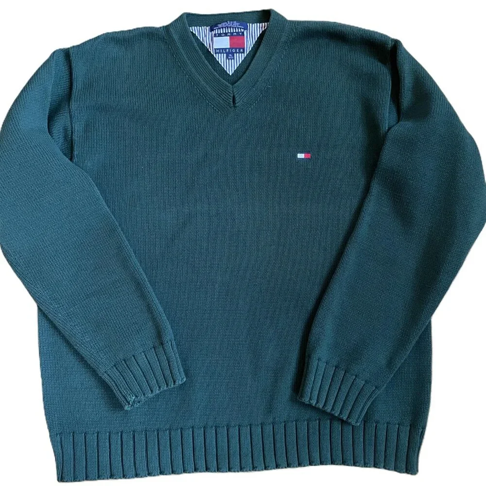 Vintage Tommy Hilfiger V-Neck Sweater Forest Green 100% Cotton Size XL